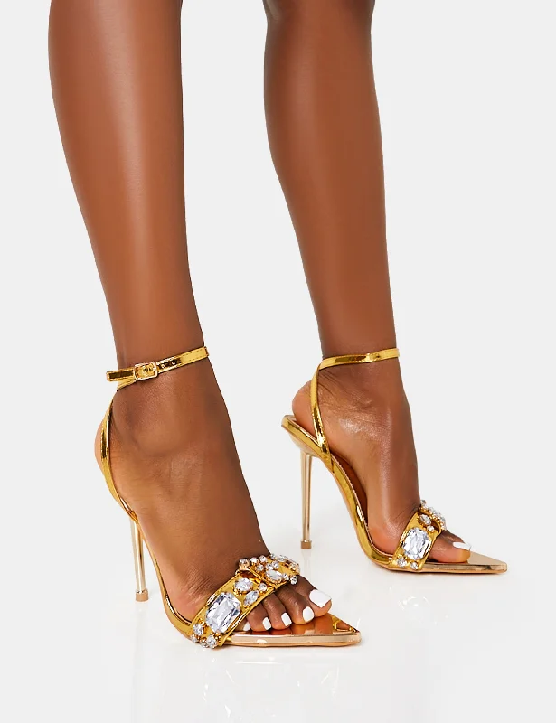 Icicle Wide Fit Gold Metallic Patent Extreme Jeweled Ankle Strap Pointed Toe Stiletto Heels