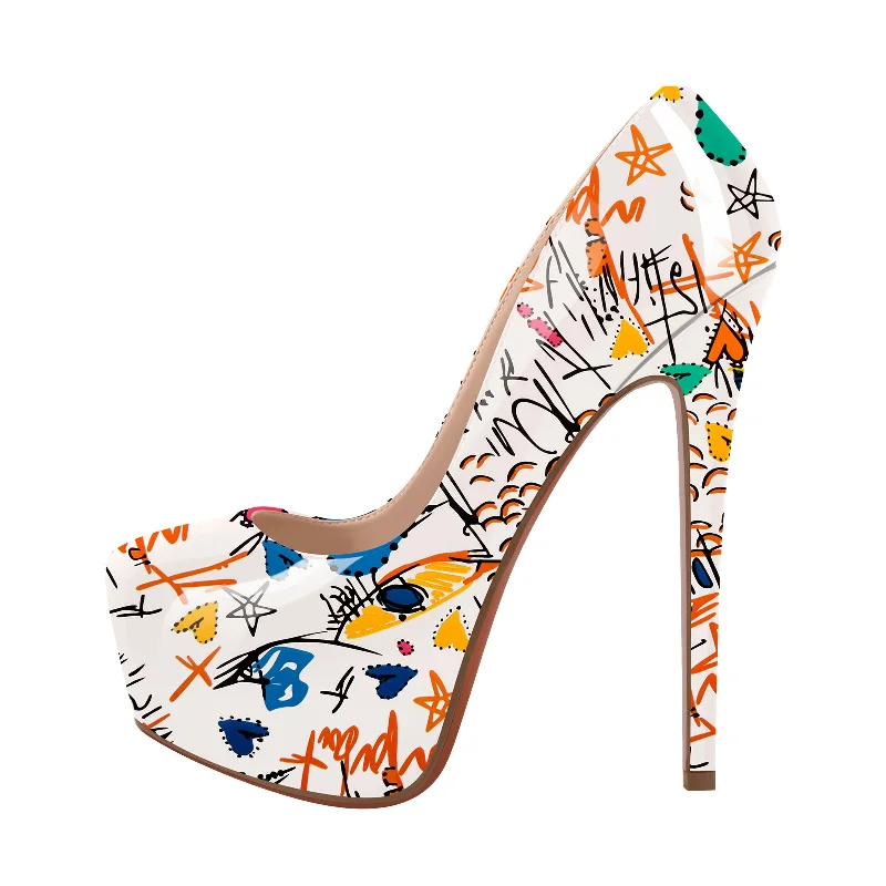 Graffiti Colorful Round Toe Platform Stiletto Pumps