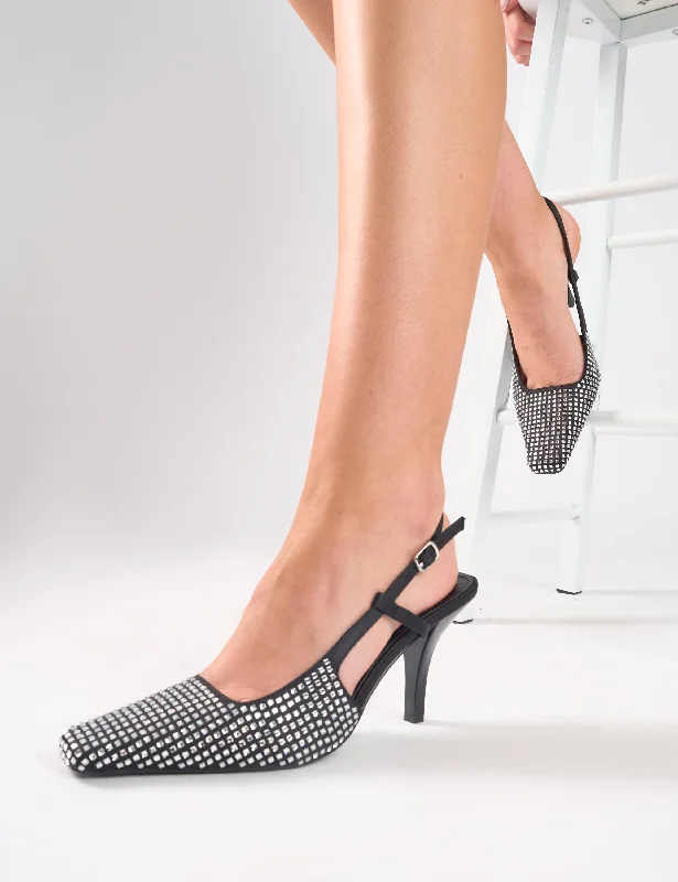 Gloria Black Embellished Sling Back Court Heels