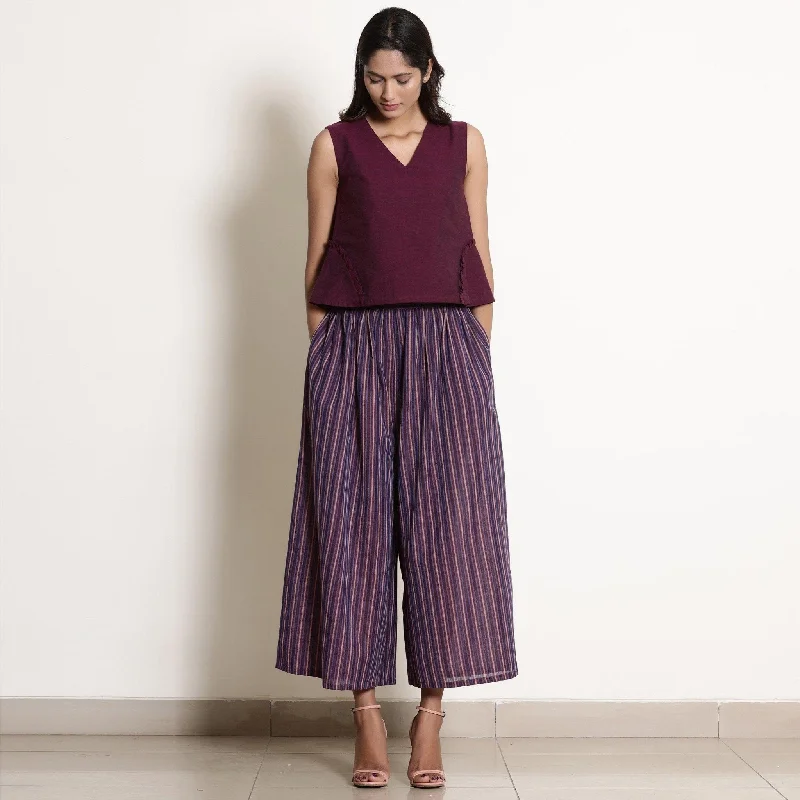 Berry Wine Striped Cotton Elasticated Flared Culottes