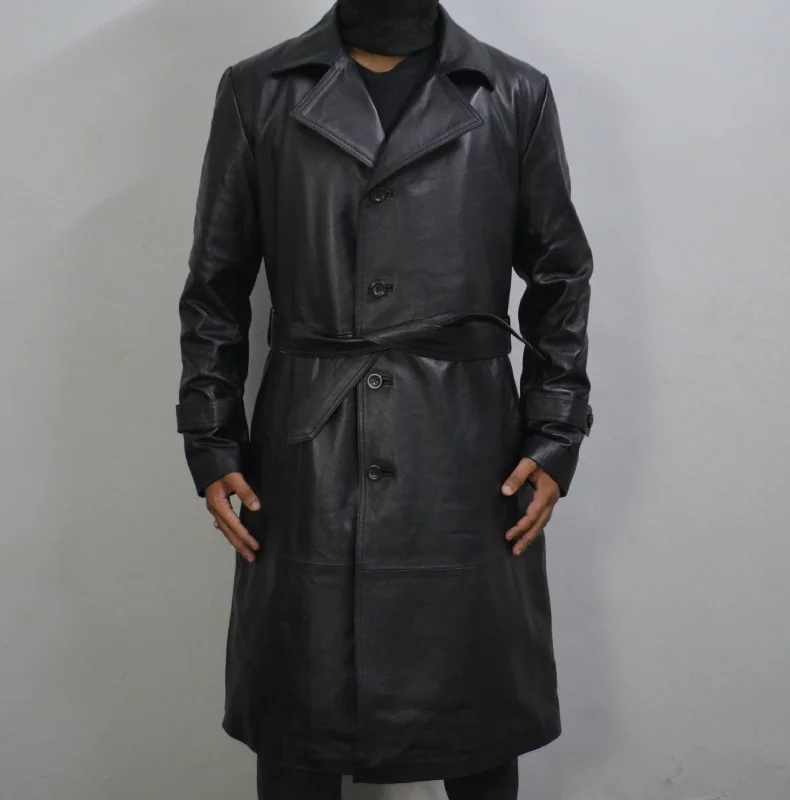 Men's Black Genuine Leather Mid-Length Belted Trench Coat