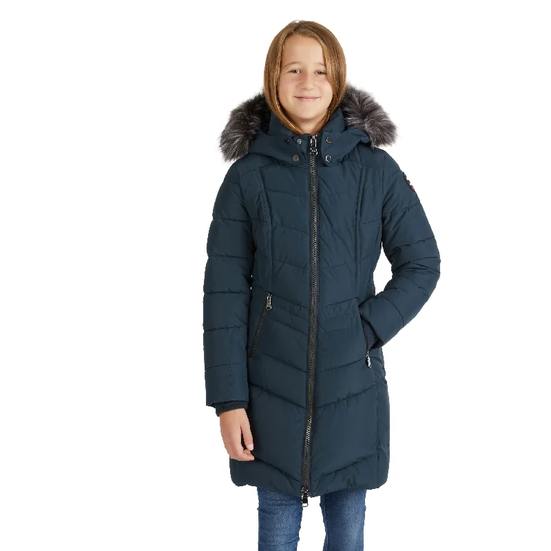 January Girls Chevron Puffer with Detachable Hood and Fur Trim