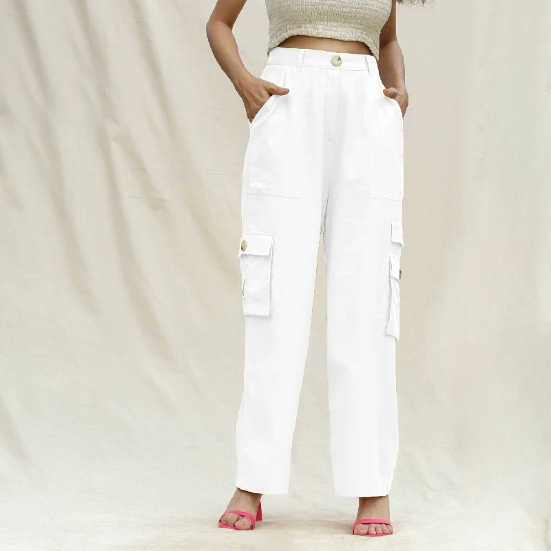 White Cotton Flax Elasticated High-Rise Cargo Pant