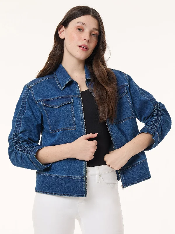 Shirred Sleeve City Denim Jacket, Shore Wash