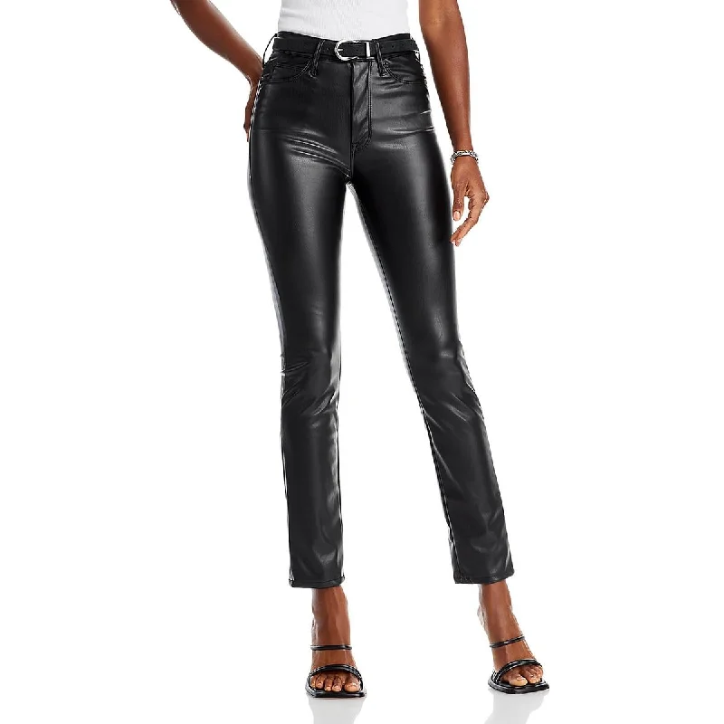 Womens Faux Leather High Rise Straight Leg Pants