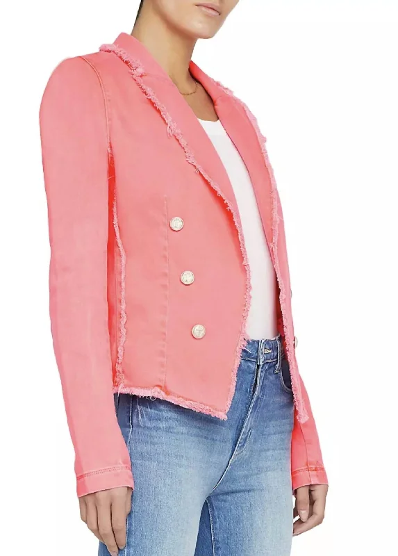 Crop Fray Jacket In Soft Neon Coral