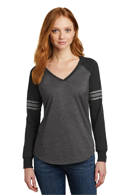 District Womens Game Long Sleeve V-Neck T-Shirt - Heather Charcoal Grey/Black/Silver Grey - Closeout