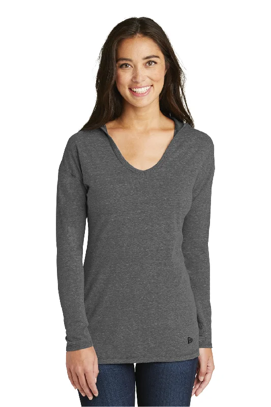 New Era Womens Performance Moisture Wicking Long Sleeve Hooded T-Shirt Hoodie - Dark Graphite Grey - Closeout