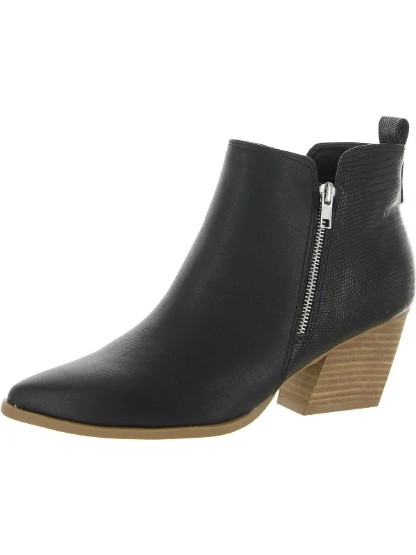 KOOLEY Womens Leather Stacked Heel Ankle Boots