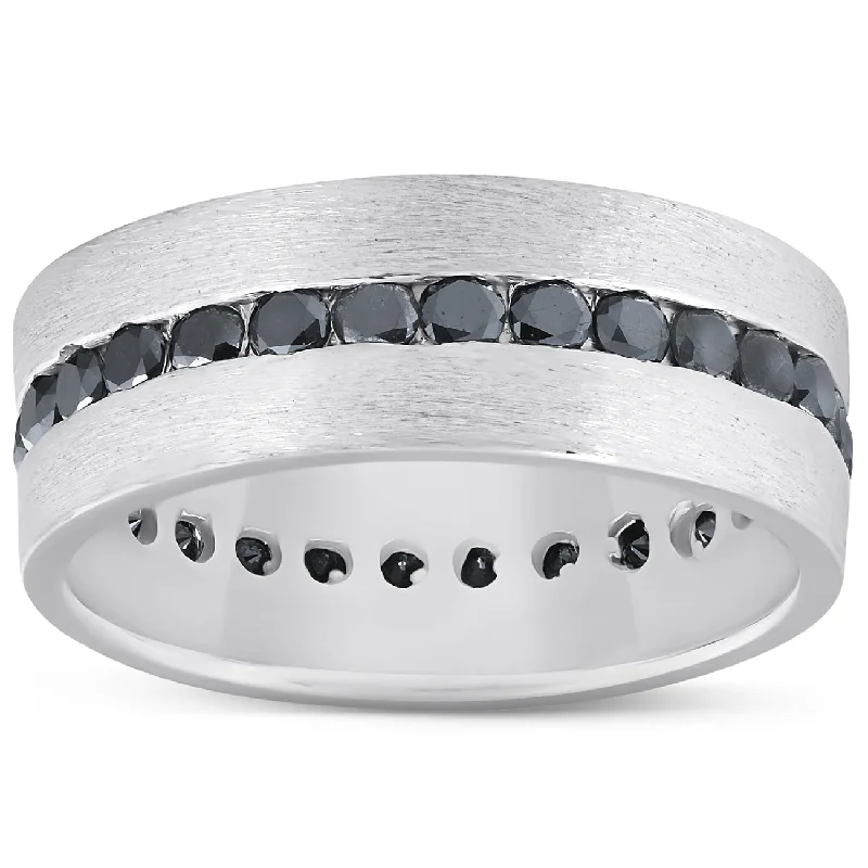 1 1/10ct Black Diamond 8mm Mens Eternity Ring 14K White Gold