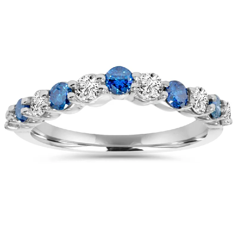 .85CT Blue & White Diamond Curved Wedding Ring 14K White Gold