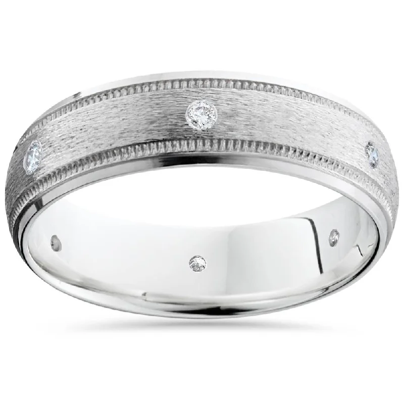 Mens 14K White Gold Diamond Wedding Brushed Band Ring