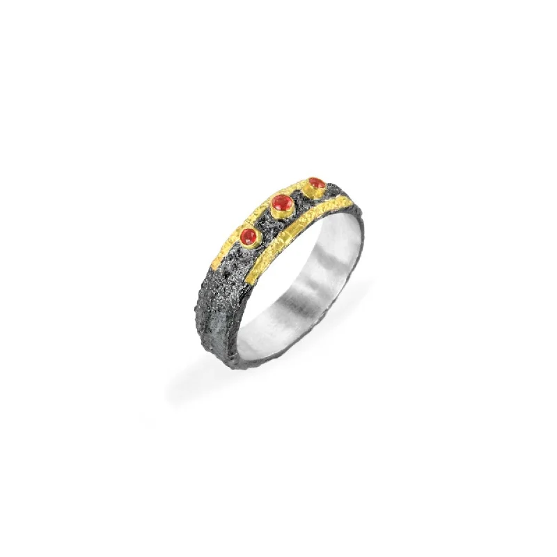 Apostolos 5.5 mm Textured Oxidized Silver Ring with Three Rubies and 18K Gold