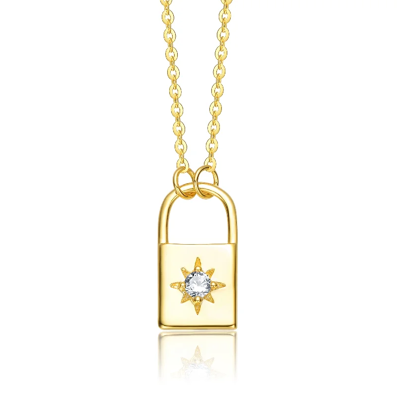 Sterling Silver 14k Yellow Gold Plated with 0.60ctw Lab Created Moissanite Padlock Pendant Necklace