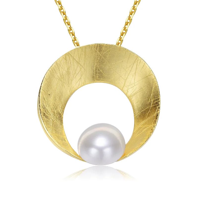 Sterling Silver Gold Plated with Genuine Freshwater Pearl Round Pendant Necklace