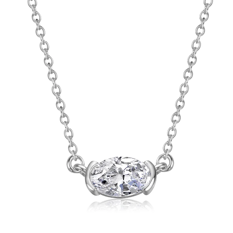 Sterling Silver White Gold Plated with Lab Created Moissanite East-West Oval Solitaire Necklace