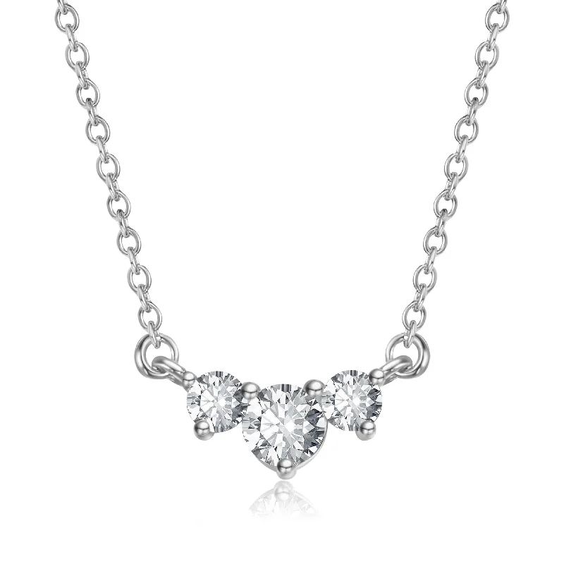 Sterling Silver White Gold Plated with Lab Created Moissanite Three-Stone Chevron Necklace