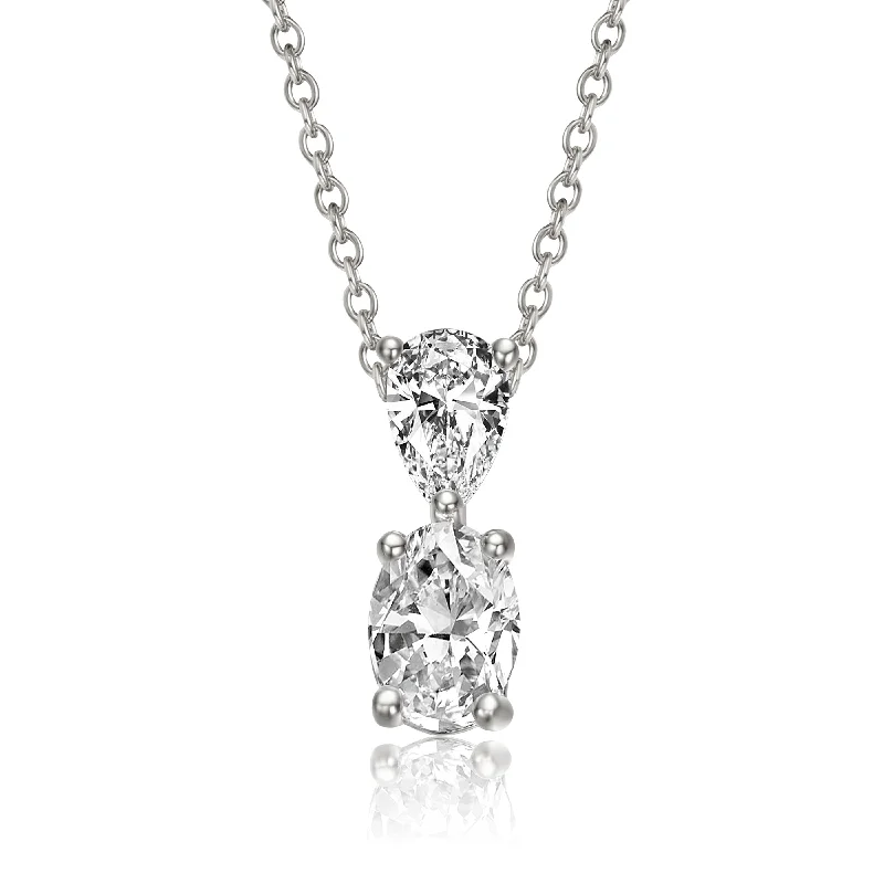 Sterling Silver White Gold Plated with Lab Created Moissanite Two-Stone Drop Pendant Necklace