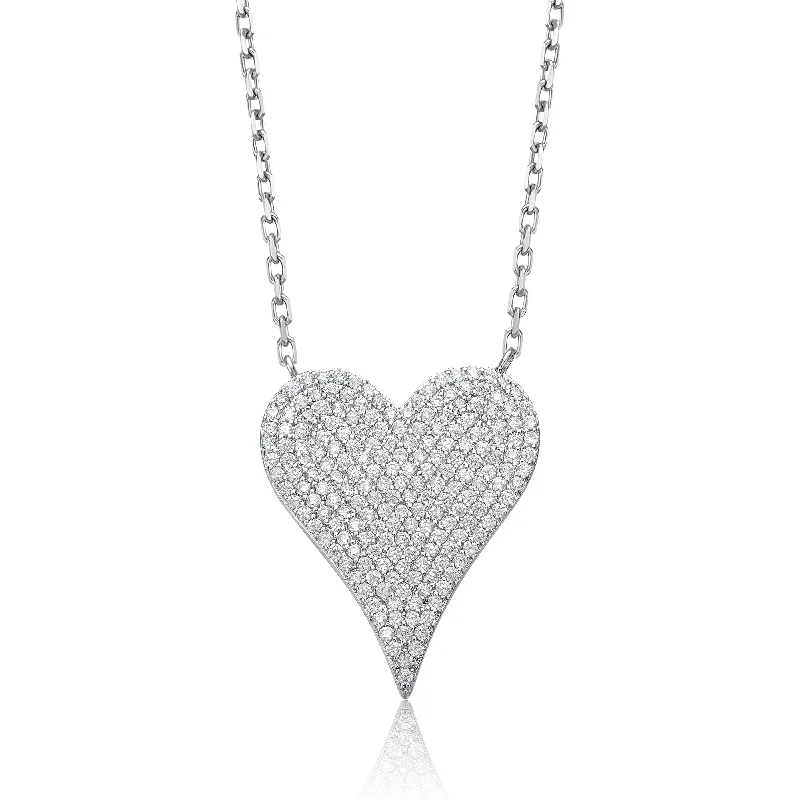 White Gold Plated Sterling Silver with Pave Cubic Zirconia Heart Layering Necklace