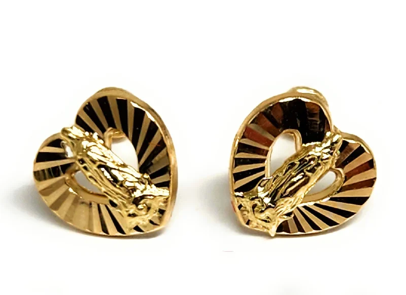 14k Solid Gold SMALL DAINTY VIRRGIN MARY HEART Stud Earrings (FCE 50) (MADE IN MX)