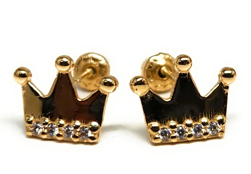 14k Solid Gold SMALL CROWN CZ STUD Earrings (FCE 59) (MADE IN MX)