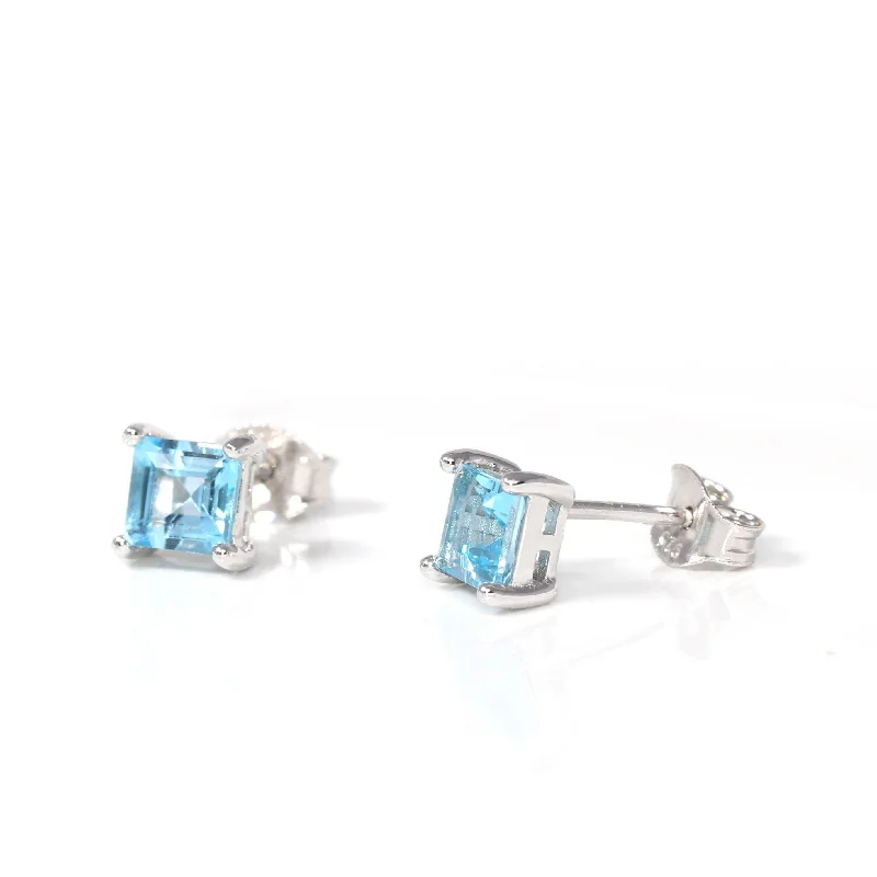 Baikalla™ Classic Sterling Silver Natural Swiss Blue Princess Cut Topaz Stud Earrings