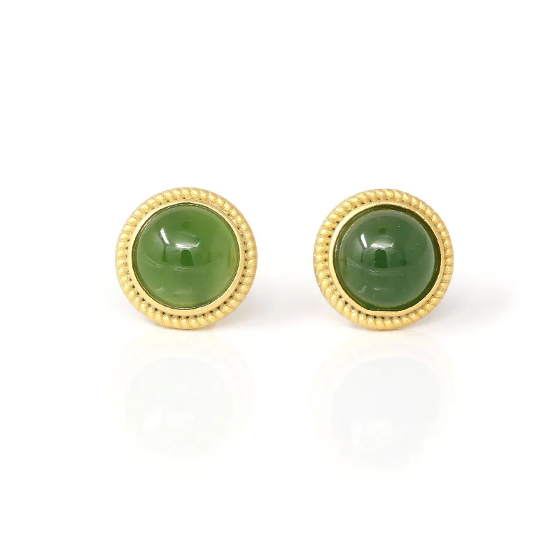 Baikalla™ 'Classic Studs" Gold Plated Sterling Silver Real Green Jade Stud Earrings