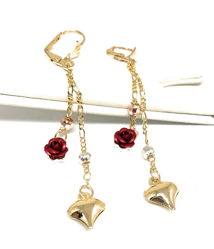 Gold Plated Tri-Color Rose Heart Dangle Earrings Aretes Tres Colores