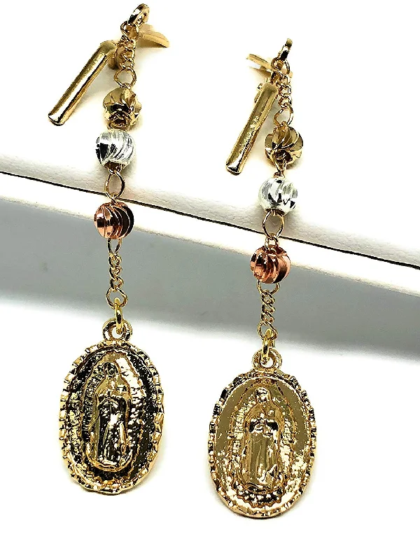 Gold Plated Tri Color Virgin Mary Earrings Aretes Oro Laminado Virgen De Guadalupe Tres Colores