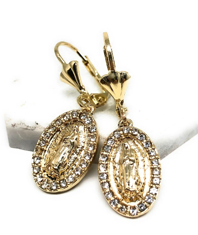 Gold Plated Virgin Mary Earrings w/ Stones Aretes Virgen Guadalupe