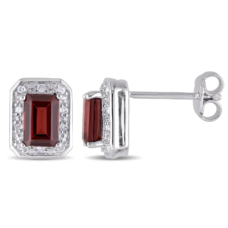 Miadora 1/10ct TW Diamond Garnet Halo Stud Earrings in Sterling Silver