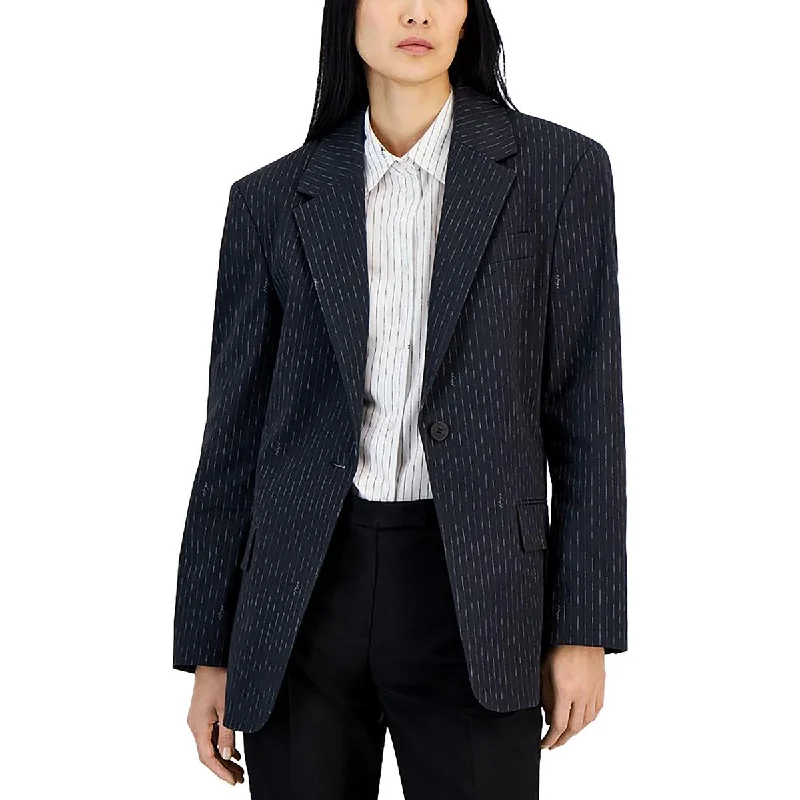 Womens Cotton Blend Striped One-Button Blazer