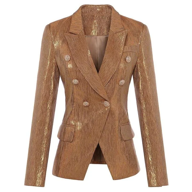 Brown Designer Blazer Women's Lion Metal Buttons Double Breasted Blazer Jacket