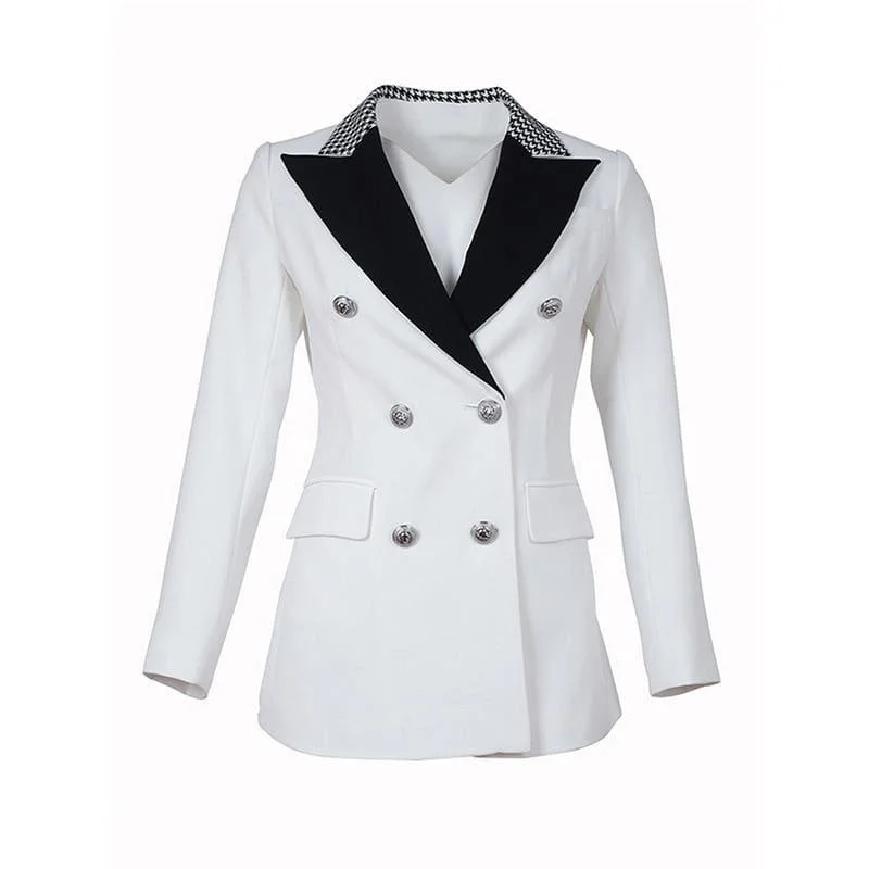 Elegant Black and White Double Breasted Women Tuxedo Blazer Jackets