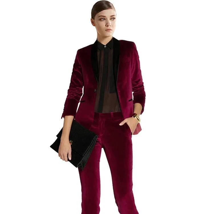 Wine Red Velvet Women Tuxedos Formal Pant Suits