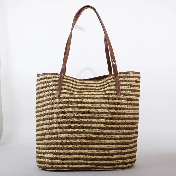 2486 Straw Striped Leather Handle Tote/Beach Bag