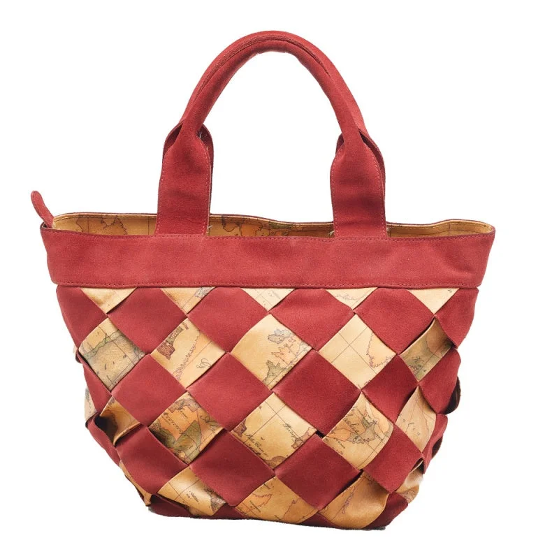 Alviero Martini 1A Classe Beige/red Geo Print Woven Coated Canvas And Suede Tote