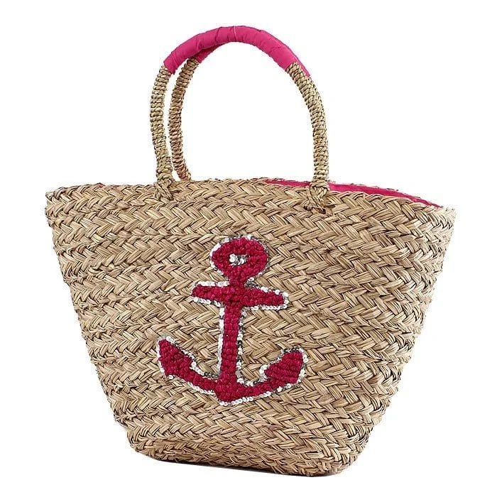 B803 Anchor Applique Natural Straw Tote/Beach Bag