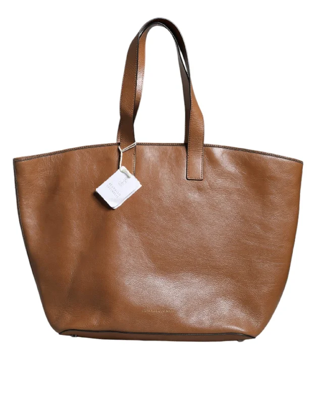 Brunello Cucinelli  Leather Logo Shoulder Strap Shopping Tote Women's Bag