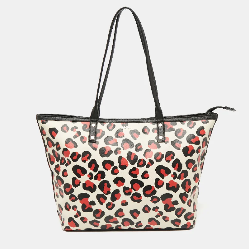 Dkny /red Leopard Print Coated Canvas Zip Tote