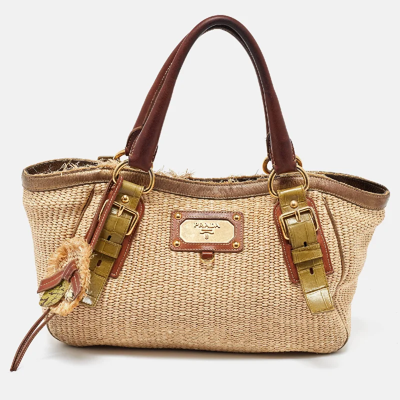 Prada Multicolor Woven Raffia And Leather Tote