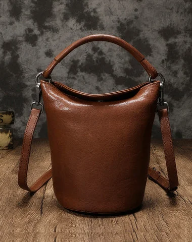 Small Womens Brown Leather Bucket Handbag Vintage Shoulder Barrel Purses for Ladies