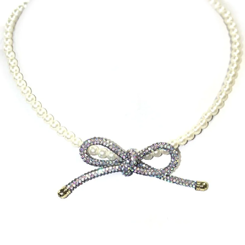 TN9215 Rhinestone Ribbon Pearl Strand Necklace