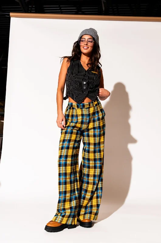 Lovers Lane Plaid Wide Leg Trousers in Yellow