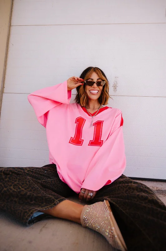 Lucky Oversized Jersey Tee in Red + Pink