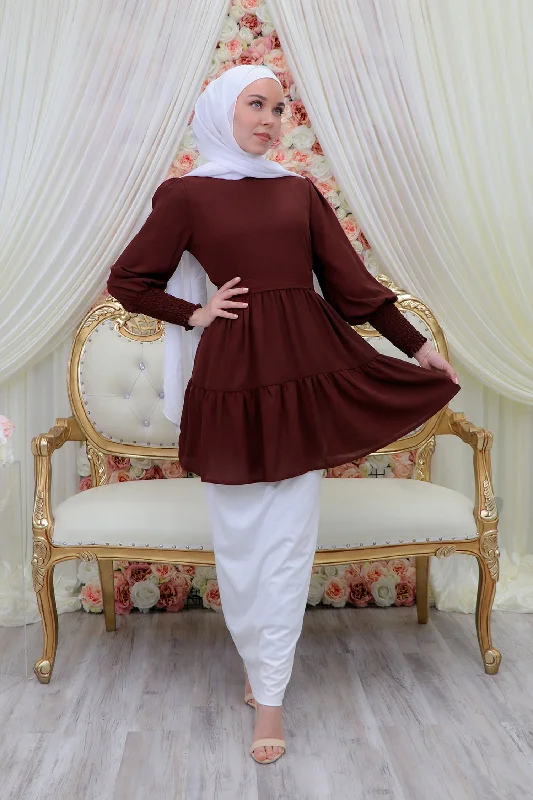 Premium Chiffon Ruffle Top- Mahogany