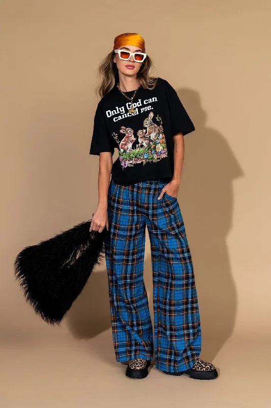 Rebel Road Plaid Wide Leg Trousers in Blue + Brown