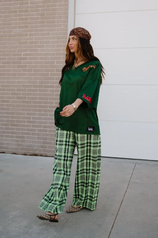 Rebel Road Plaid Wide Leg Trousers in Lime