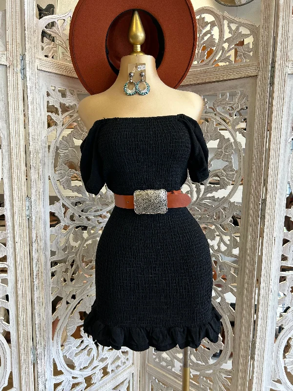 Black  Smocked Mini Dress- Stretchy