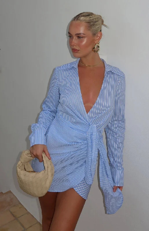 Holly Blue Stripe Tie Up Shirt Mini Dress